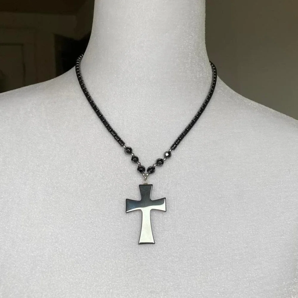 vintage y2k hematite cross pendant necklace whimsigoth grunge goth emo jewelry